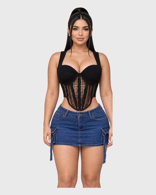 Crochet Crop Top Negro para mujer - vista frontal