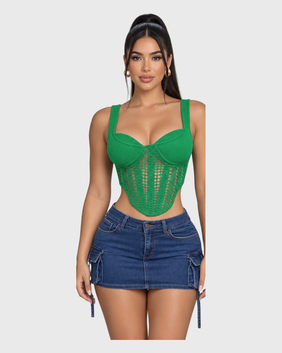Crochet Crop Top Verde para mujer - vista frontal