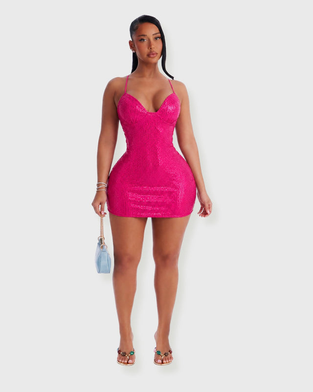 FUCHSIA FEVER SEQUIN MINI DRESS - vista frontal