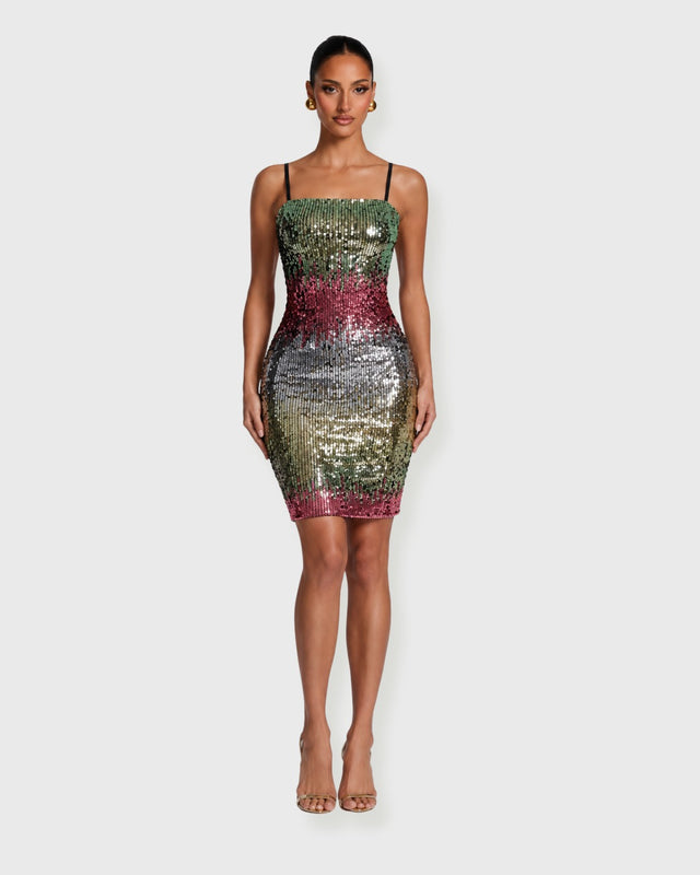 OLIVE GLOW SEQUIN MIDI DRESS - vista frontal