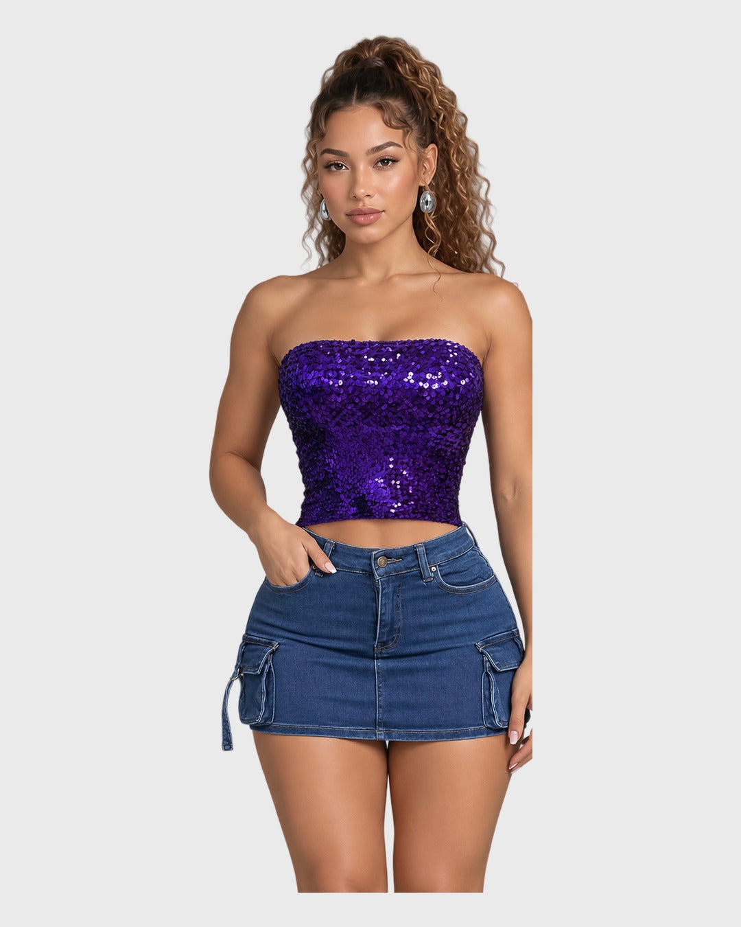 Purple Sequin Crop Top para mujer - vista frontal