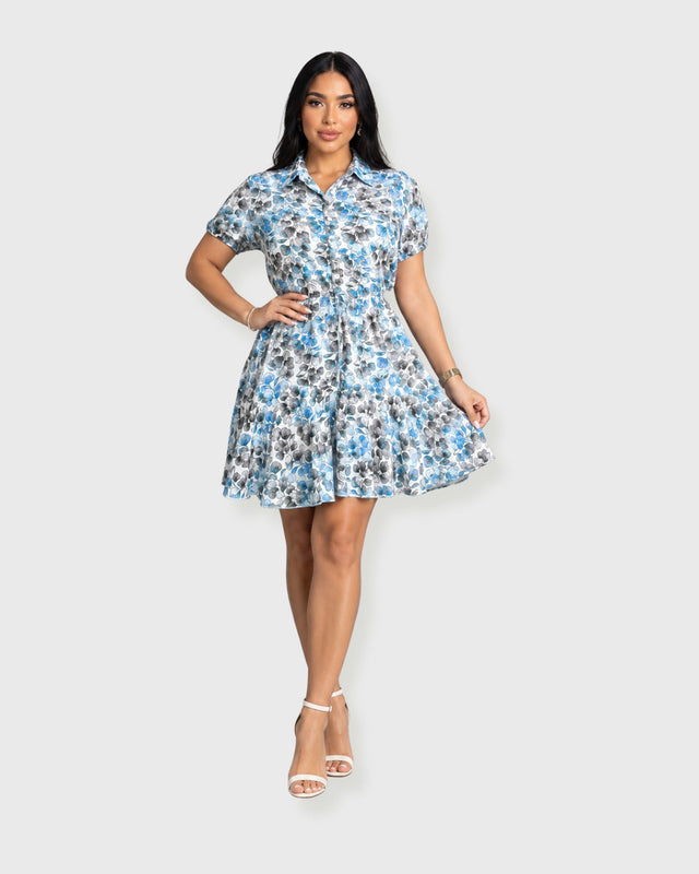 BLUE PORCELAIN SHIRT MINI DRESS - vista frontal