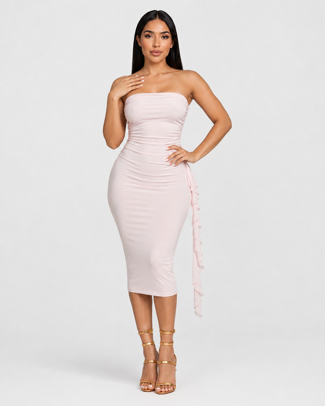 PRETTY IN PINK RUCHED MIDI DRESS