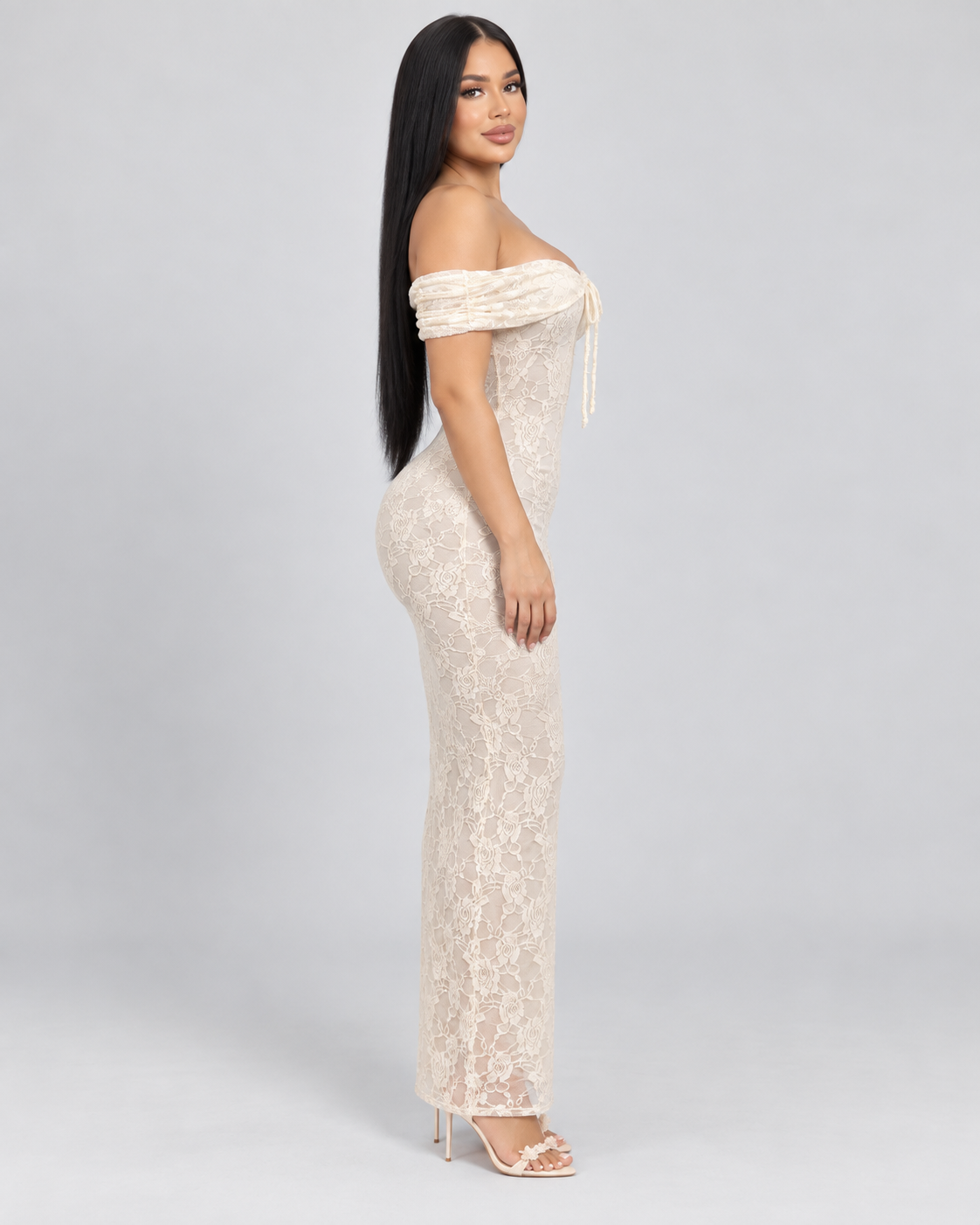 Vestido midi Ivory Lace - Marfil - Vista lateral