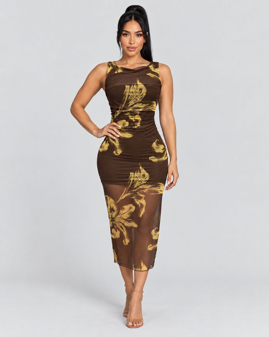 Vestido Midi Golden Botanica - Chocolate - Vista frontal