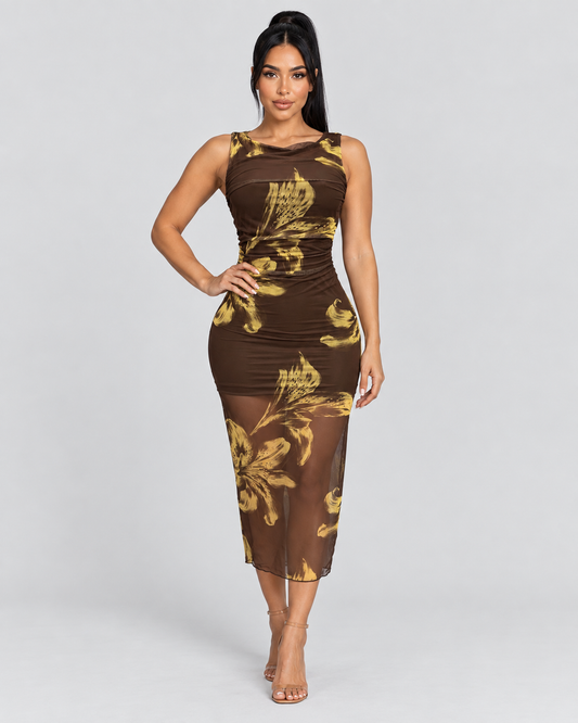 Vestido Midi Golden Botanica - Chocolate - Vista frontal