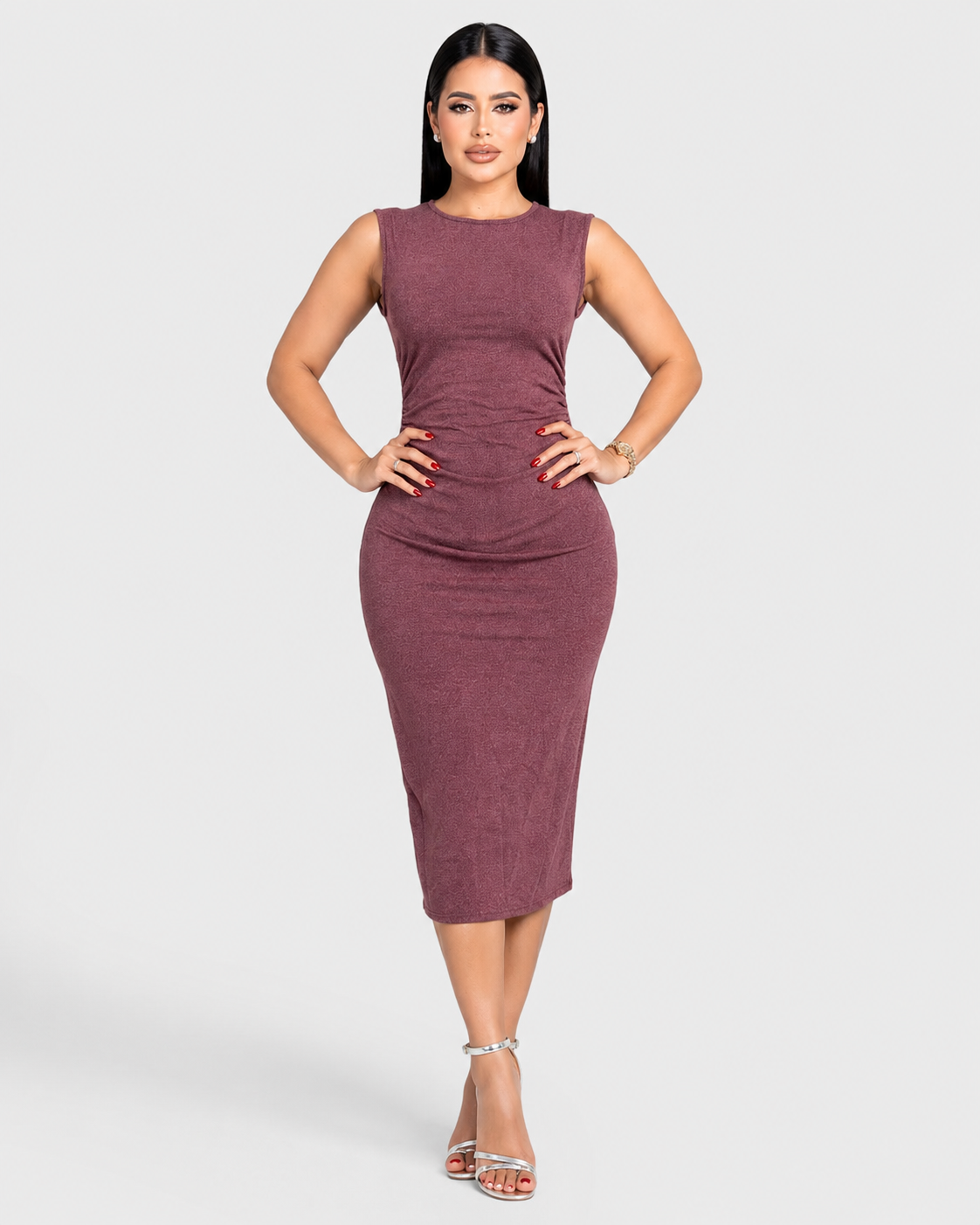 AFTER DARK RUCHED MIDI DRESS