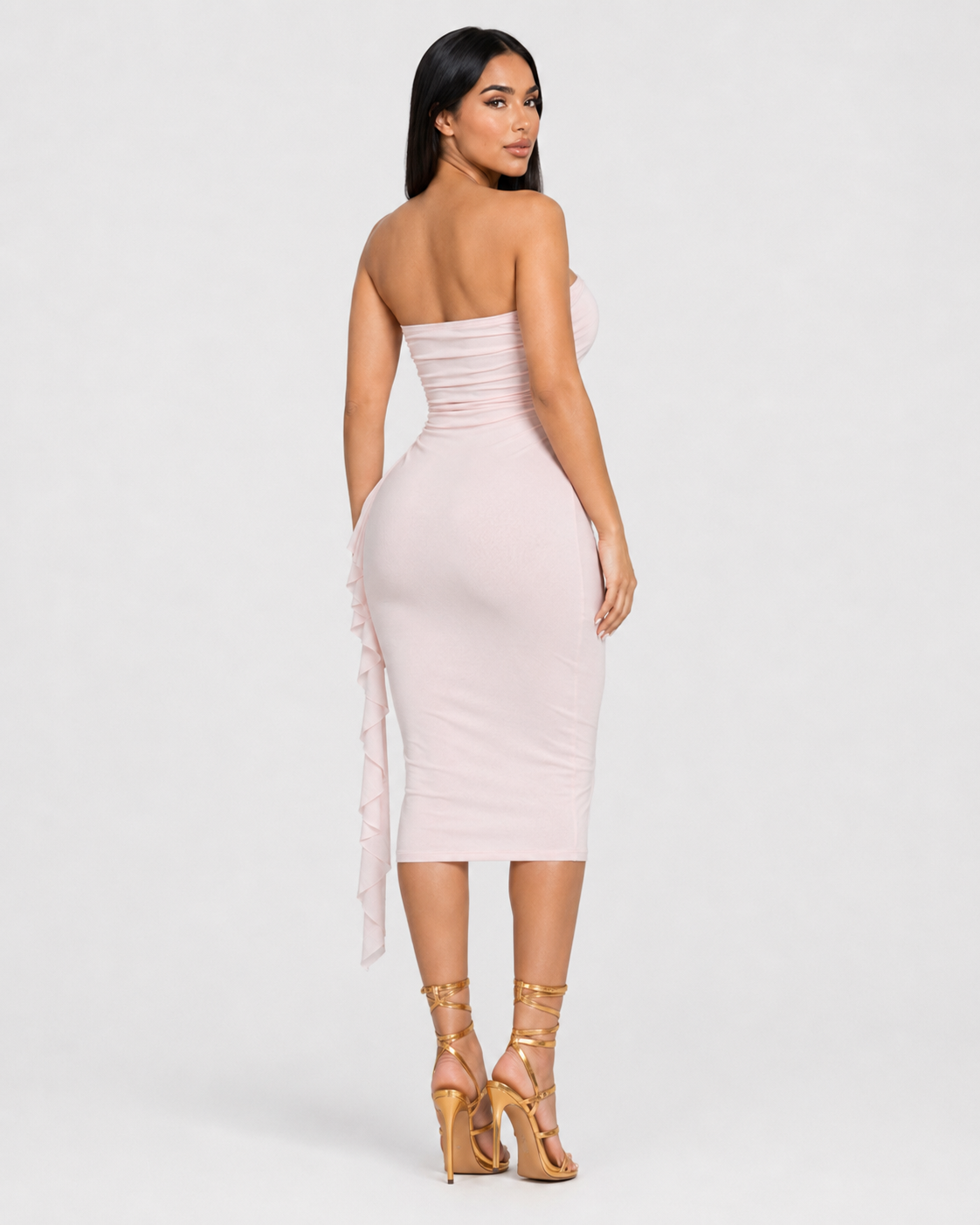 PRETTY IN PINK RUCHED MIDI DRESS