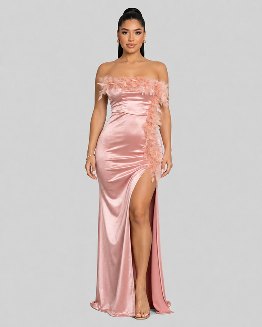 Vestido de Gala Blush Feather - Rosa Rubor