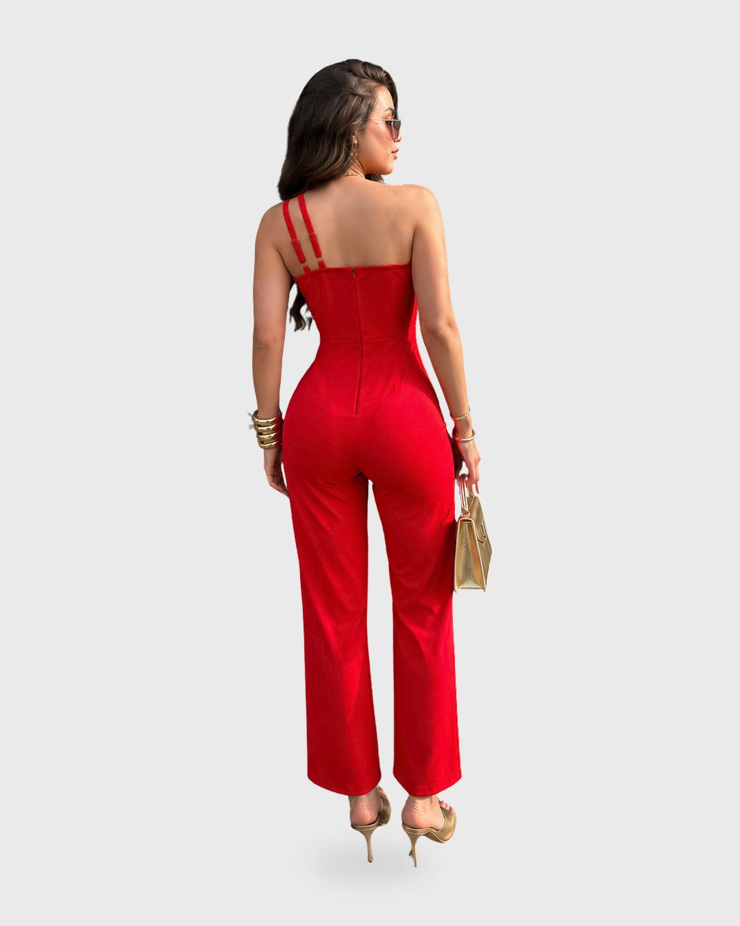 SOHO BELTED JUMPSUIT Rojo / Blanco - vista posterior